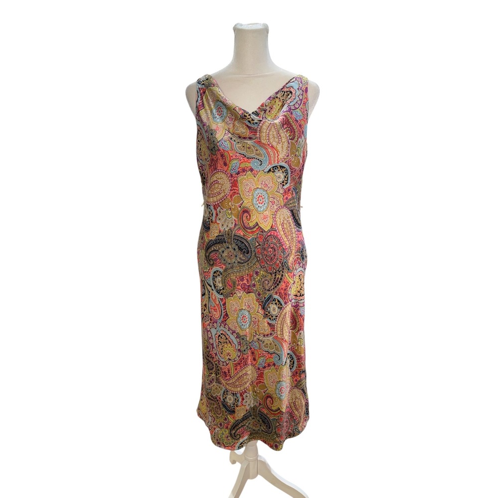 Trio New York Womens 100%Silk Paisley Cowl Neck Midi Slip Dress Size 6